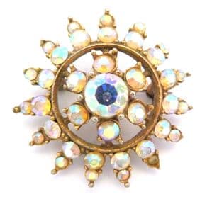 Vintage Large Atomic Flower Aurora Borealis Rhinestone Brooch.