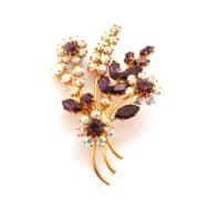Vintage Large Aurora Borealis And Amethyst Coloured Rhinestone Set Floral Posy Design Brooch