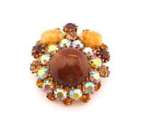 Vintage Large Aurora Borealis Rhinestone And Marbled Glass Set Geometric Design Statement Brooch