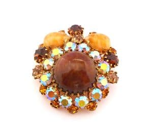 Vintage Large Aurora Borealis Rhinestone And Marbled Glass Set Geometric Design Statement Brooch