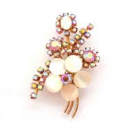 Vintage Large Aurora Borealis Rhinestone And Mother Of Pearl Set Floral Posy Design Statement Brooch