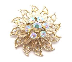 Vintage Large Aurora Borealis Rhinestone Detailed Floral Design Brooch