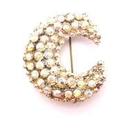 Vintage Large Aurora Borealis Rhinestone Set Crescent Moon Design Brooch