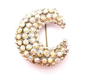 Vintage Large Aurora Borealis Rhinestone Set Crescent Moon Design Brooch