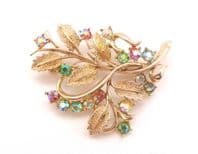 Vintage Large Aurora Borealis Rhinestone Set Leaf Design Brooch
