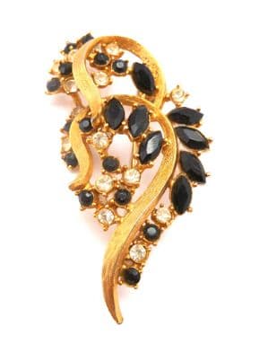 Vintage Large Black And Clear Rhinestone Set Abstract Modernist Floral Design Brooch