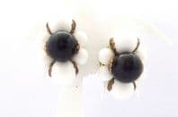 Vintage Large Black And White Beaded Retro Floral Design Clip On Earrings