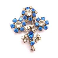 Vintage Large Blue And Clear Rhinestone Set Floral Style Mid Century Design Brooch