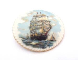 Vintage Large Ceramic Galleon Ship Design Brooch