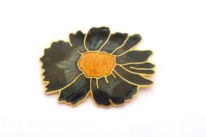 Vintage Large Cloisonne Enamel Black Flower Design Brooch