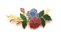Vintage Large Cloisonne Enamel Blue And Red Floral Design Brooch By Fish And Crown