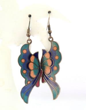 Vintage Large Cloisonne Enamel Blue Butterfly Design Drop Earrings