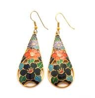 Vintage Large Cloisonne Enamel Floral Drop Design Earrings