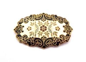 Vintage Large Cloisonne Enamel Ornate Floral Design Brooch By Fish And Crown