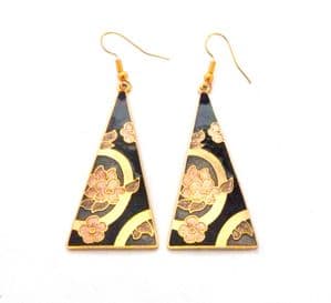 Vintage Large Cloisonne Enamel Retro Floral Design Triangular Shaped Drop Earring