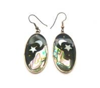 Vintage Large Enamel Abalone And Mother Of Pearl Shell Inlaid Alpaca Silver Space Scene Earrings