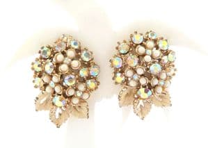 Vintage Large Enamel And Aurora Borealis Abstract Floral Design Clip On Earrings By Art.