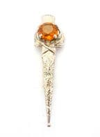 Vintage Large Faux Citrine Rhinestone Set Scottish Thistle Flower Kilt Pin Style Brooch
