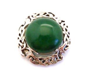 Vintage Large Faux Green Gem Cabochon Set Scottish Celtic Zoomorphic Style Brooch