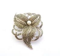 Vintage Large Faux Pearl And Marcasite Set Abstract Flower Design Brooch