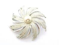 Vintage Large Faux Pearl Set 'Silvery Sunburst ' Design Statement Brooch By Sarah Coventry