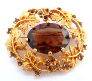 Vintage Large Faux Smoky Topaz And Foliate Design Brooch By Sarah Coventry.