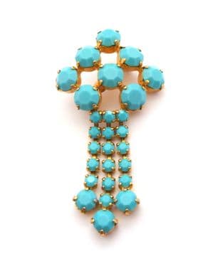 Vintage Large Faux Turquoise Glass Rhinestone Set Geometric Design Cascade Drop Brooch