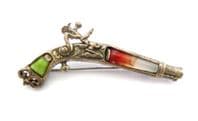 Vintage Large Flintlock Pistol Design Faux Gem Detailed Brooch By Miracle