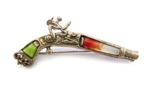 Vintage Large Flintlock Pistol Design Faux Gem Detailed Brooch By Miracle