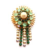 Vintage Large Green And Aurora Borealis Rhinestone And Faux Pearl Drop Detailed Brooch