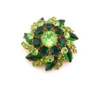Vintage Large Green Rhinestone Set Layered Floral Geometric Design Brooch