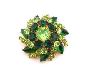 Vintage Large Green Rhinestone Set Layered Floral Geometric Design Brooch
