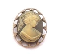 Vintage Large Grey Cameo Lady In Profile Design Brooch