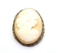 Vintage Large Hand Carved Shell Lady In Profile Cameo Design Brooch