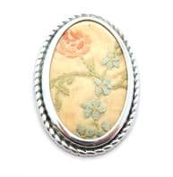 Vintage Large Hand Embroidered Rose And Blue Flower Detailed Floral Design Brooch