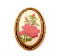 Vintage Large Hand Embroidered Rose Flower Brooch