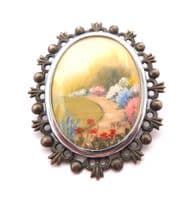 Vintage Large Hand Painted Cottage Garden Path Scene Floral Design Brooch