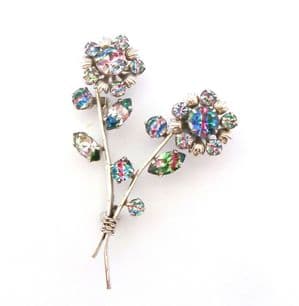 Vintage Large Iris Rainbow Glass Rhinestone Set Double Flower Floral Design Brooch
