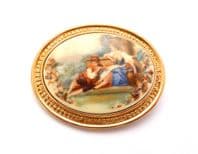 Vintage Large Lady And Musician Pastoral Countryside Scene Brooch