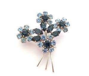 Vintage Large Light And Dark Blue Rhinestone Set Floral Style Mid Century Design Brooch