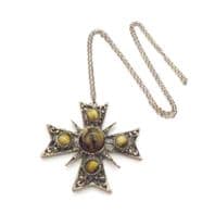 Vintage Large Maltese Cross Style Marbled Porphyry Glass Set Necklace