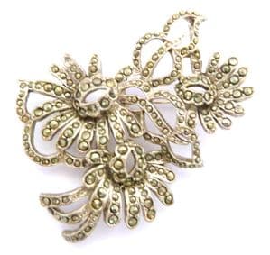 Vintage Large Marcasite Set Abstract Triple Flower Design Brooch.