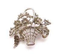 Vintage Large Marcasite Set Flower Basket Design Brooch