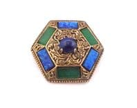 Vintage Large Miracle Scottish Thistle Detailed Faux Lapis Lazuli And Aventurine Shield Brooch
