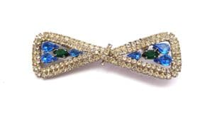 Vintage Large Modernist Style Bow Design Brooch With Blue, Green And Clear Rhinestones