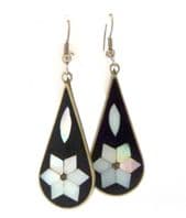 Vintage Large Mother Of Pearl  Inlaid Alpaca Silver Floral Drop Design Earrings