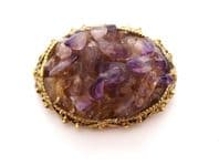 Vintage Large Oval Shaped Amethyst Gemstone Chip Design Brooch
