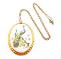 Vintage Large Peacock Bird Design Fine Bone China Necklace By Countess