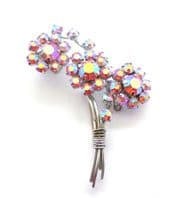 Vintage Large Pink Aurora Borealis Rhinestone Set Floral Style Mid Century Design Brooch