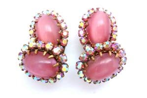Vintage Large Pink Satin Glass And Aurora Borealis Rhinestone Design Clip On Earrings By Schoffel